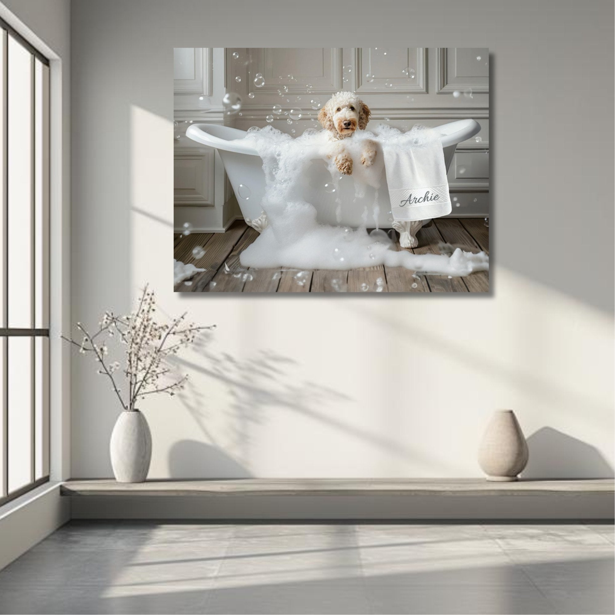 Custom Dog ArtLuxurious Labradoodle Bubble Bath Canvas - Pampered Pup Bathroom Decor