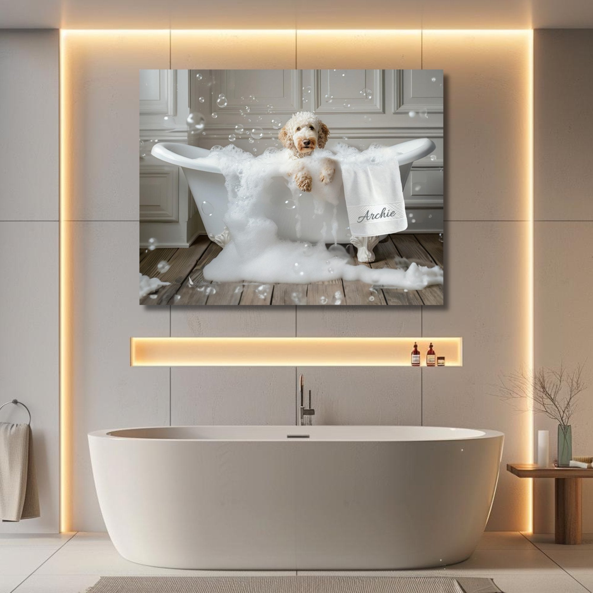 Custom Dog ArtLuxurious Labradoodle Bubble Bath Canvas - Pampered Pup Bathroom Decor