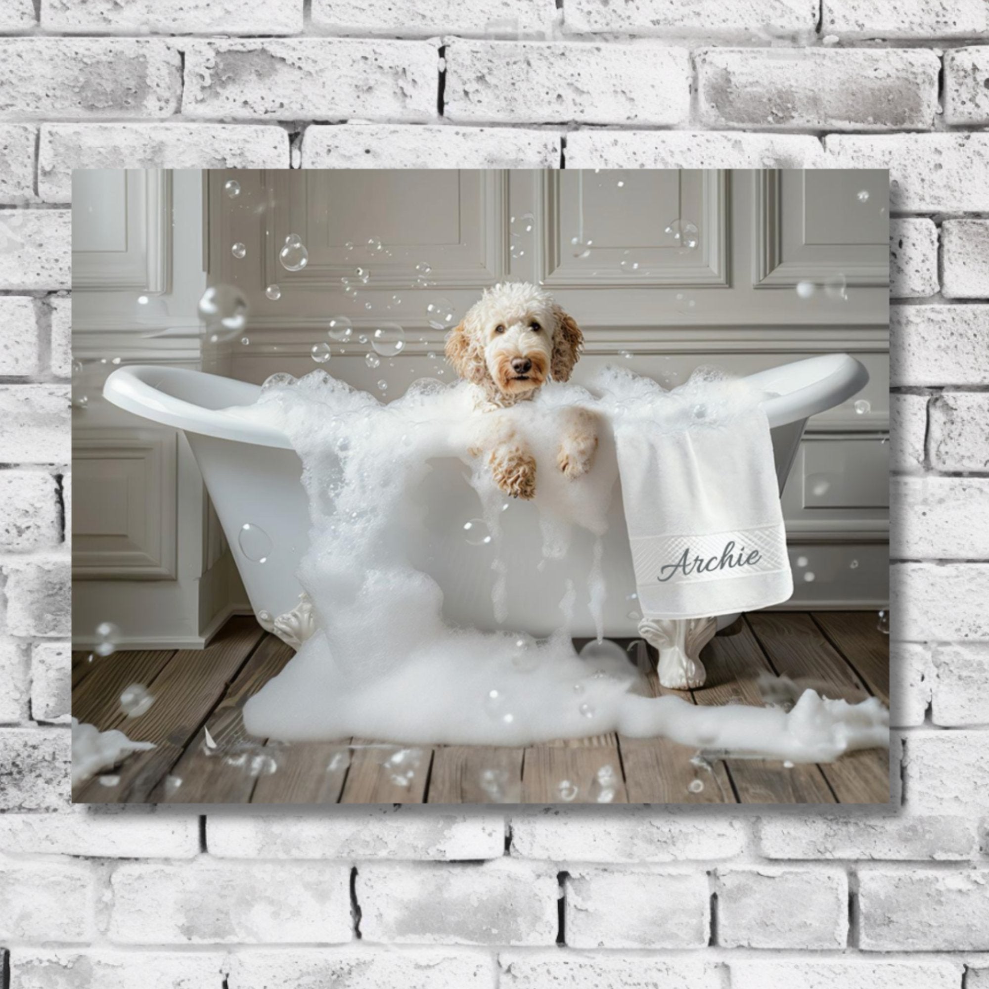 Custom Dog ArtLuxurious Labradoodle Bubble Bath Canvas - Pampered Pup Bathroom Decor