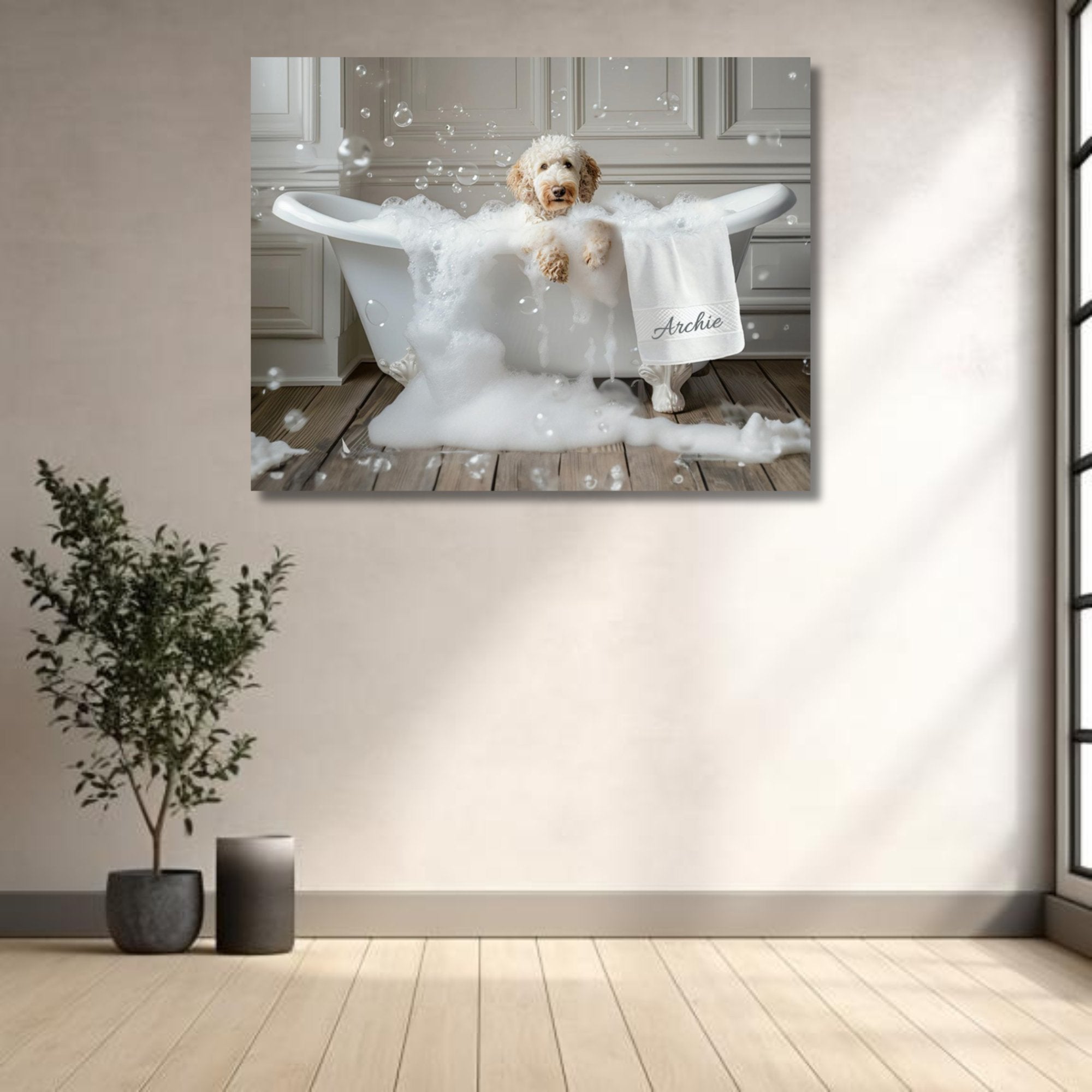 Custom Dog ArtLuxurious Labradoodle Bubble Bath Canvas - Pampered Pup Bathroom Decor