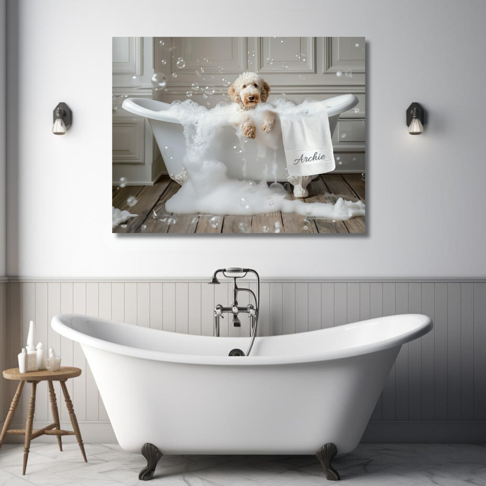 Custom Dog ArtLuxurious Labradoodle Bubble Bath Canvas - Pampered Pup Bathroom Decor