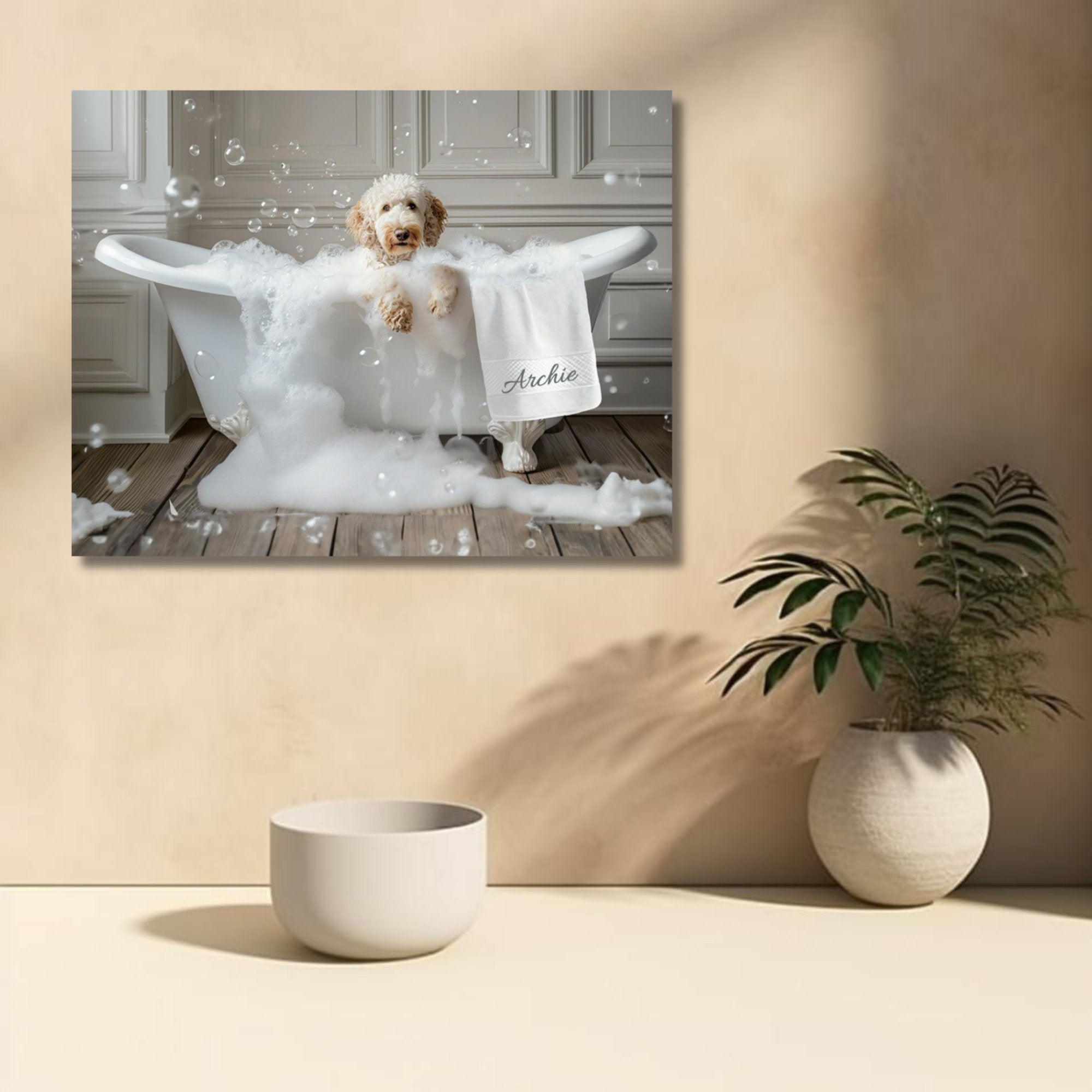 Custom Dog ArtLuxurious Labradoodle Bubble Bath Canvas - Pampered Pup Bathroom Decor