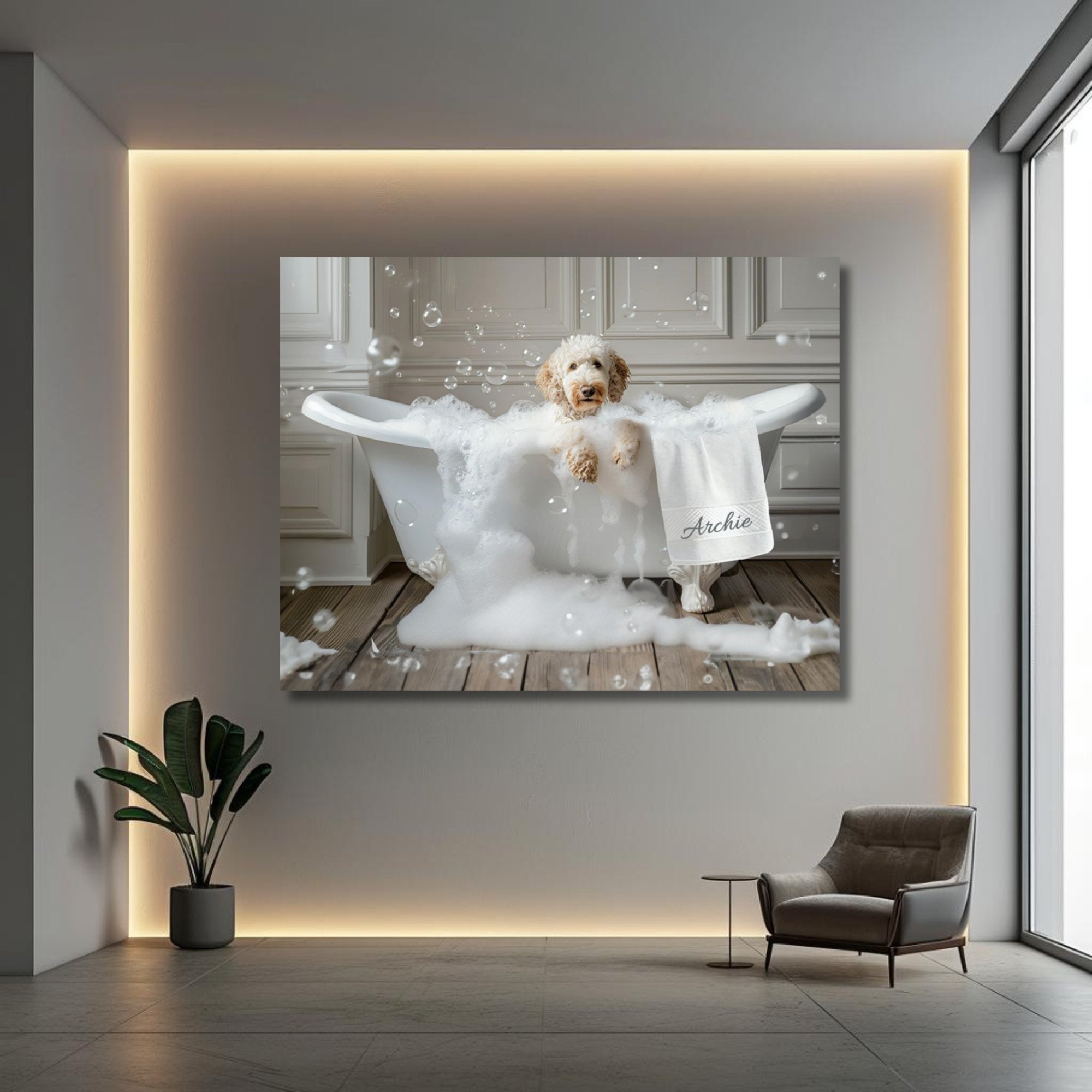 Custom Dog ArtLuxurious Labradoodle Bubble Bath Canvas - Pampered Pup Bathroom Decor