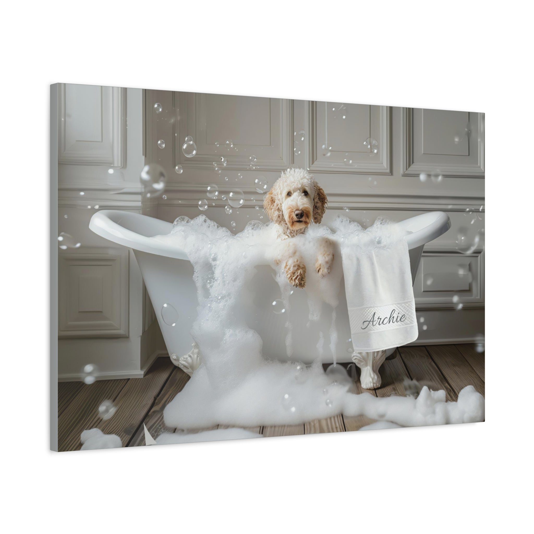 Custom Dog ArtLuxurious Labradoodle Bubble Bath Canvas - Pampered Pup Bathroom Decor