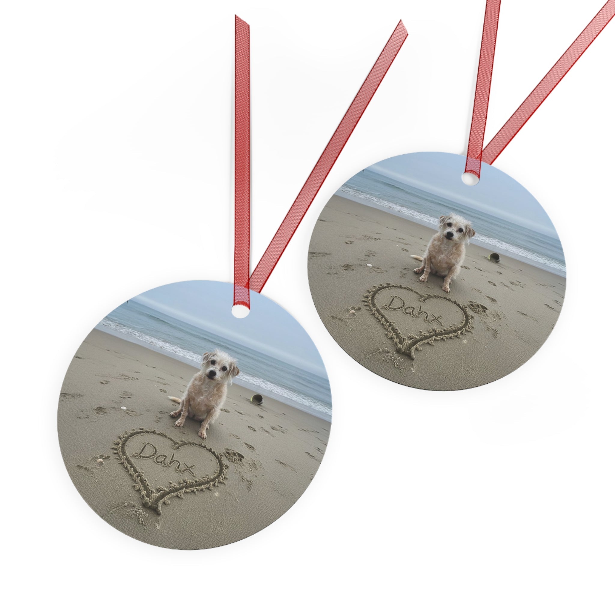 Custom Dog ArtPersonalized Dog on the Beach Ornament Custom Pet Portrait with Name in Sand | Memorial Keepsake | Beach Christmas Ornament for Dog Lovers