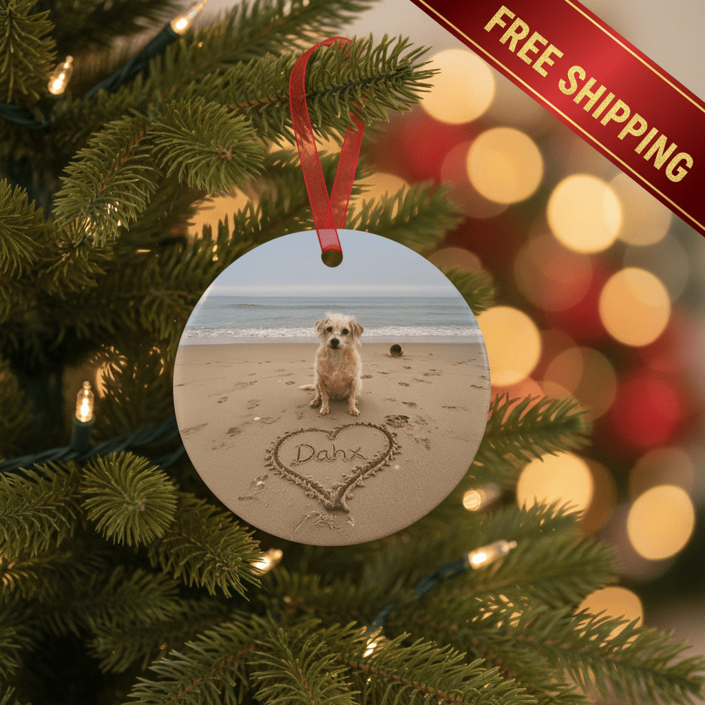 Custom Dog ArtPersonalized Dog on the Beach Ornament Custom Pet Portrait with Name in Sand | Memorial Keepsake | Beach Christmas Ornament for Dog Lovers