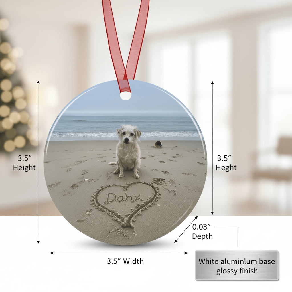 Custom Dog ArtPersonalized Dog on the Beach Ornament Custom Pet Portrait with Name in Sand | Memorial Keepsake | Beach Christmas Ornament for Dog Lovers