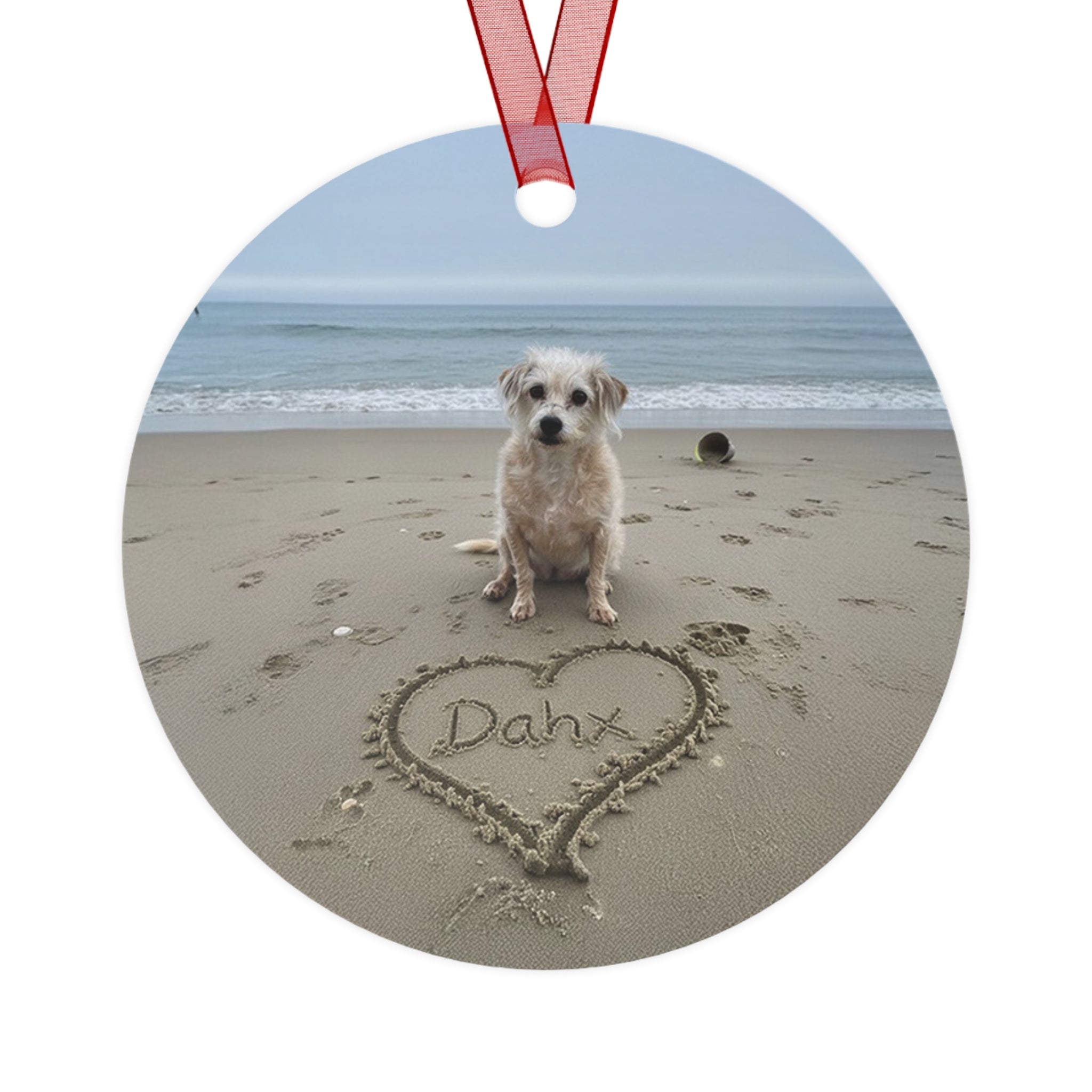 Custom Dog ArtPersonalized Dog on the Beach Ornament Custom Pet Portrait with Name in Sand | Memorial Keepsake | Beach Christmas Ornament for Dog Lovers