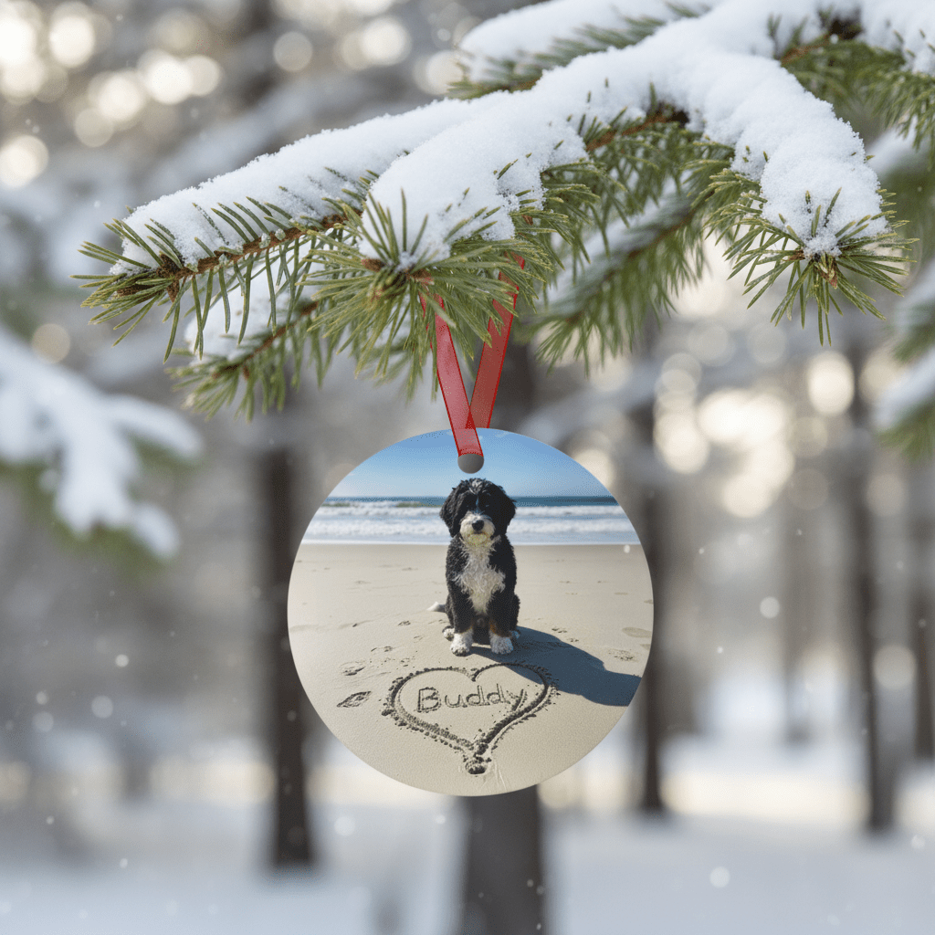 Custom Dog ArtPersonalized Dog on the Beach Ornament Custom Pet Portrait with Name in Sand | Memorial Keepsake | Beach Christmas Ornament for Dog Lovers