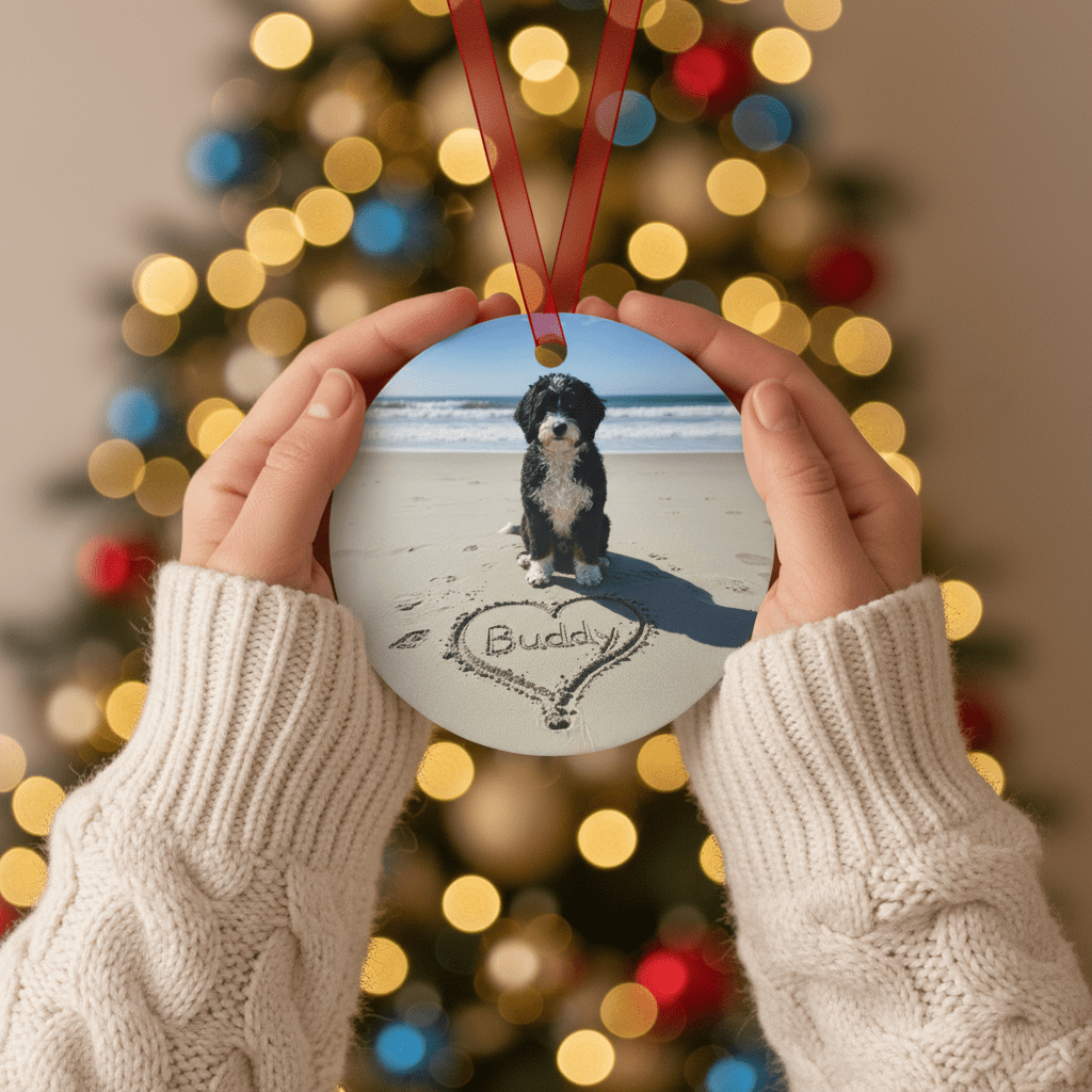 Custom Dog ArtPersonalized Dog on the Beach Ornament Custom Pet Portrait with Name in Sand | Memorial Keepsake | Beach Christmas Ornament for Dog Lovers