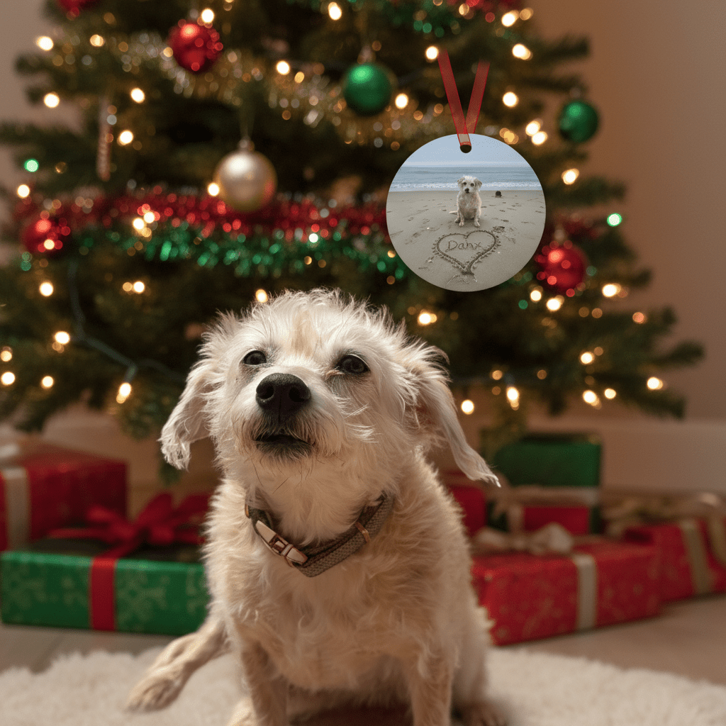 Custom Dog ArtPersonalized Dog on the Beach Ornament Custom Pet Portrait with Name in Sand | Memorial Keepsake | Beach Christmas Ornament for Dog Lovers