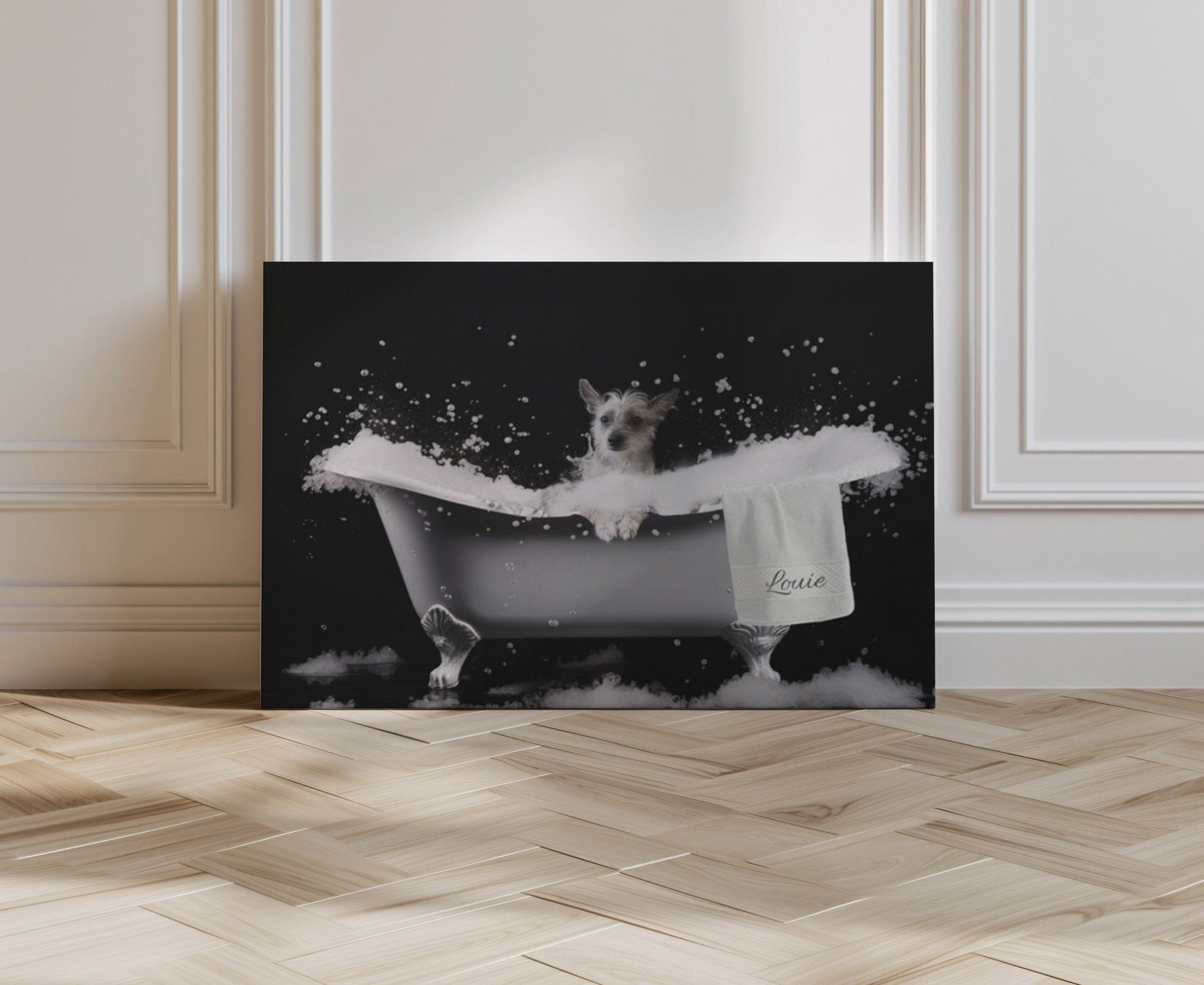 Custom Dog ArtPet Portriat Custom Dog Bubble Bath Canvas – Adorable Personalized Pet Art