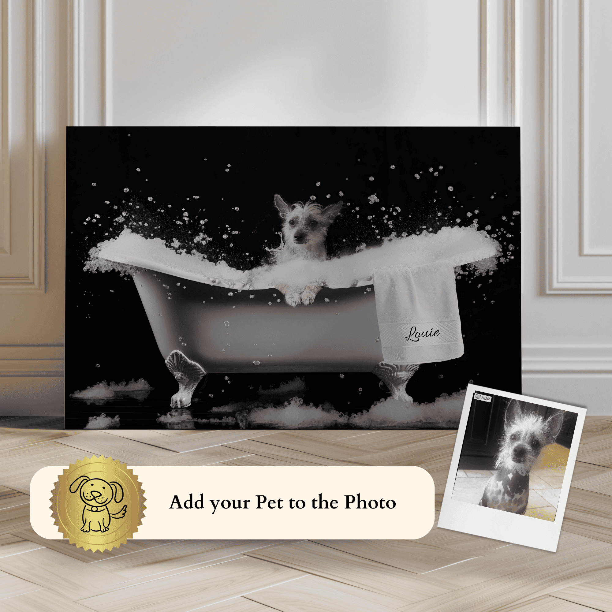 Custom Dog ArtPet Portriat Custom Dog Bubble Bath Canvas – Adorable Personalized Pet Art