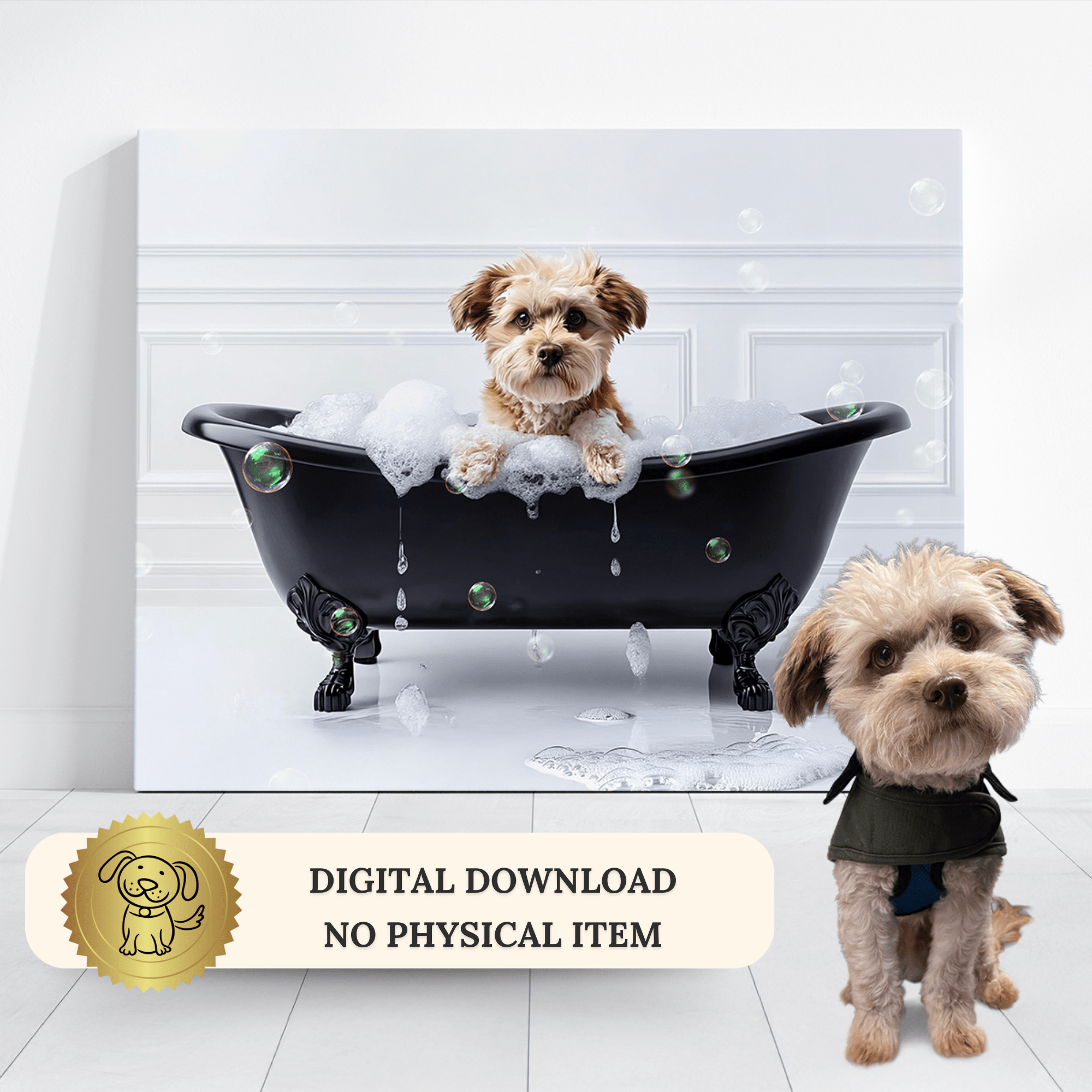 Custom Dog ArtTitle Turn Your Dog’s Photo Into Adorable Bathtub Art – Fast Digital Download & Canvas Option