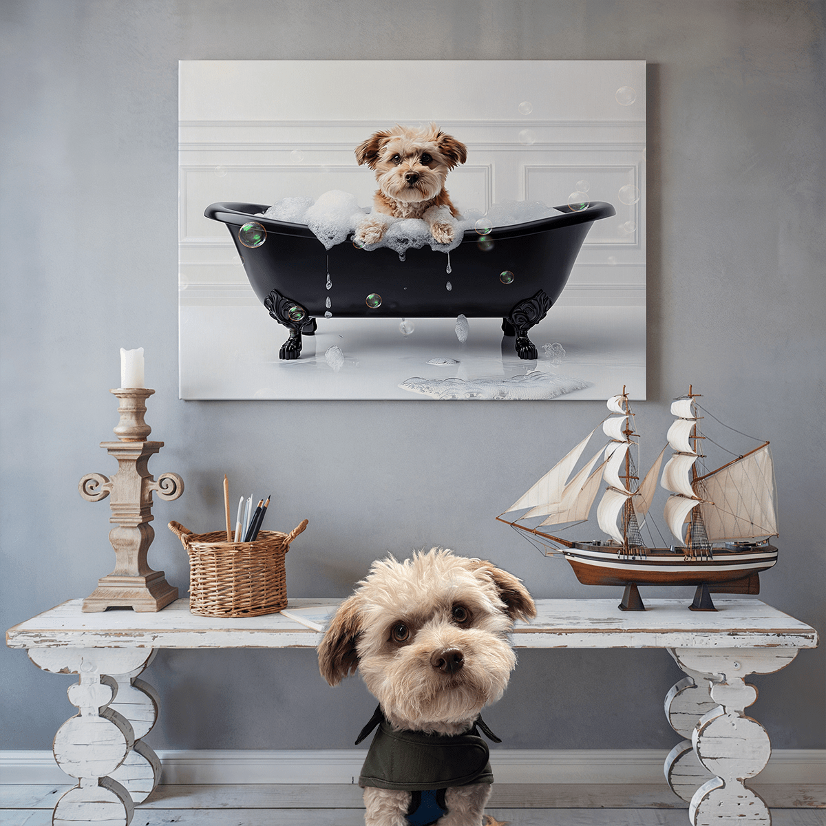 Custom Dog ArtTitle Turn Your Dog’s Photo Into Adorable Bathtub Art – Fast Digital Download & Canvas Option
