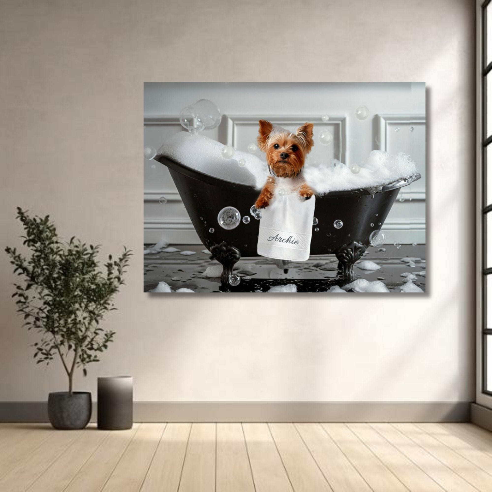 Yorkshire Terrier in bubble bath - customizable canvas wall art