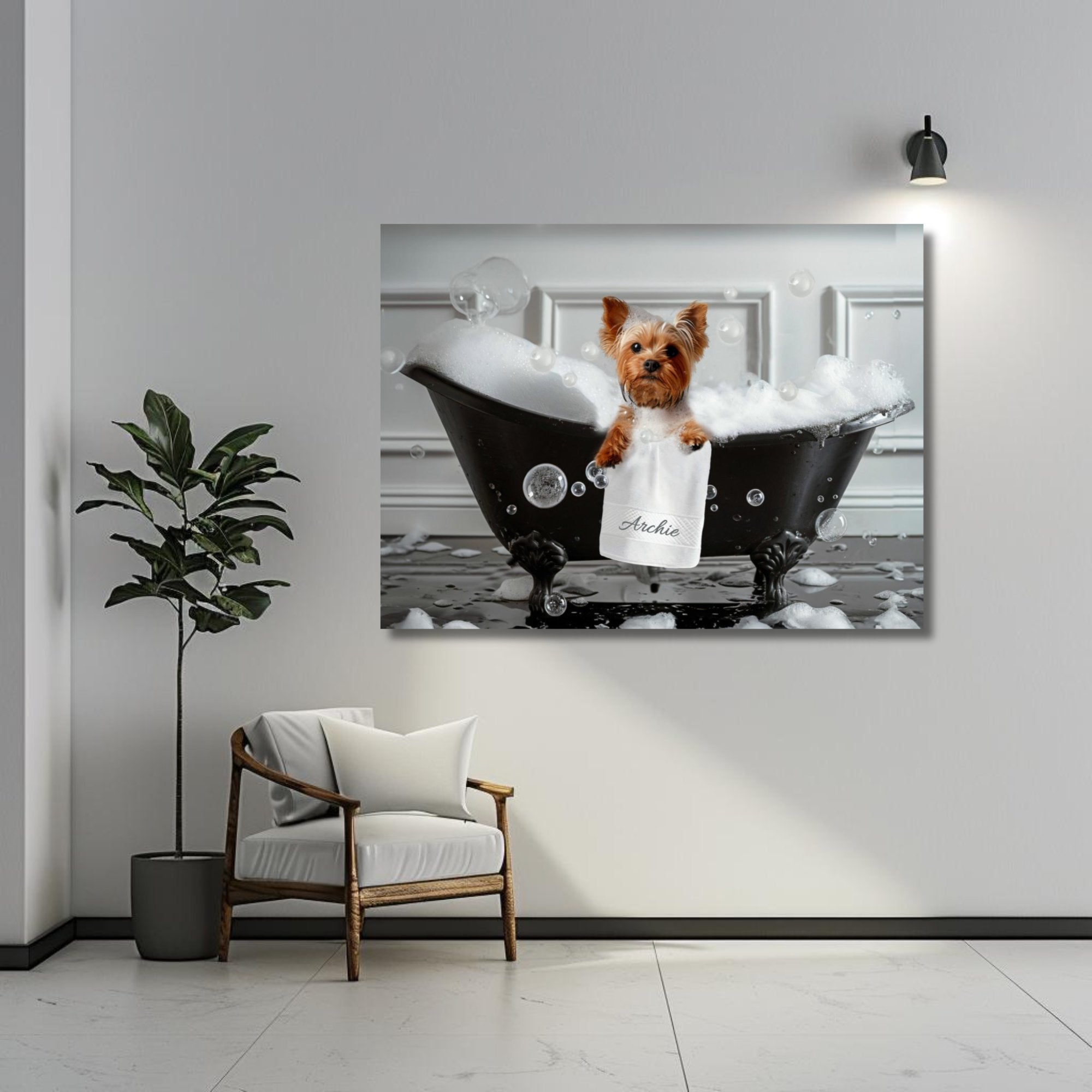 Personalized canvas art of Yorkshire Terrier in bubble bath