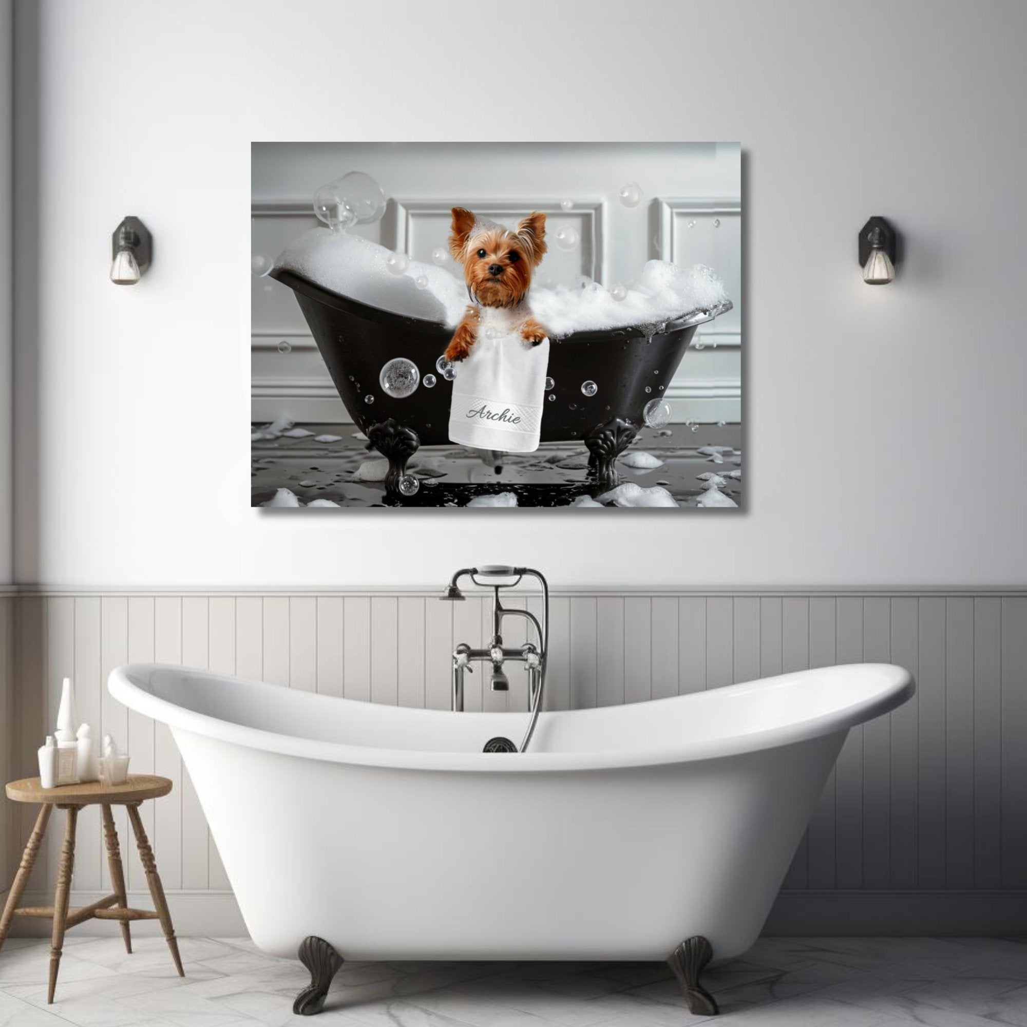 Custom Dog Art:  Adorable Yorkshire Terrier in bubble bath - personalized canvas