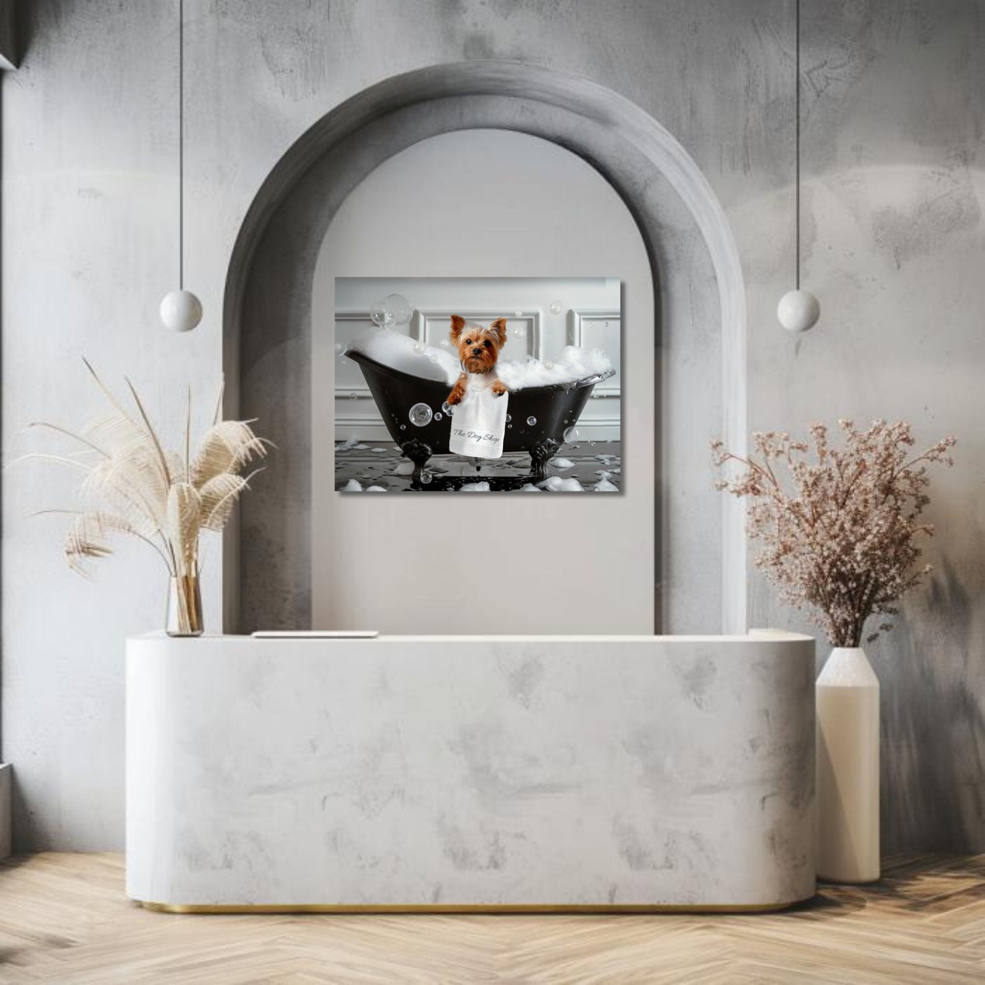 Custom Dog Art: Your pet on wall canvas surrounded by bubbles in vintage bath tub with personalized bath towel