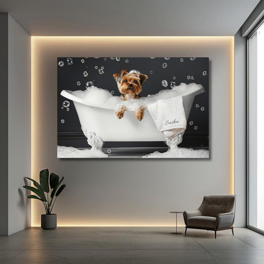 Custom Dog Art Yorkie in Bubble Bath Art - Personalized Yorkie Bath Print on Canvas