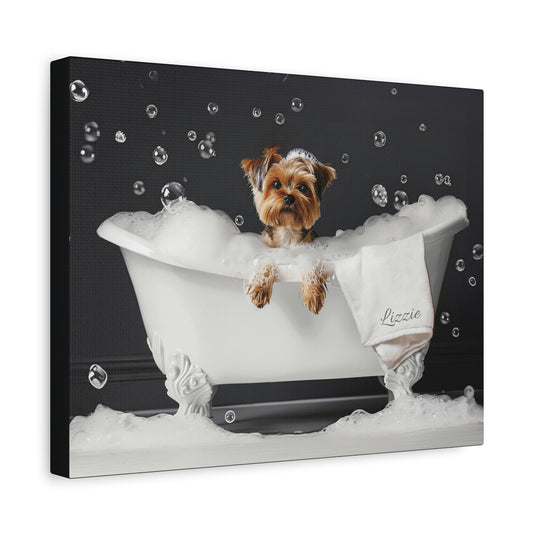 Custom dog portrait, Cutest Yorkie surrounded by bubbles in vintage bathtub, canvas print